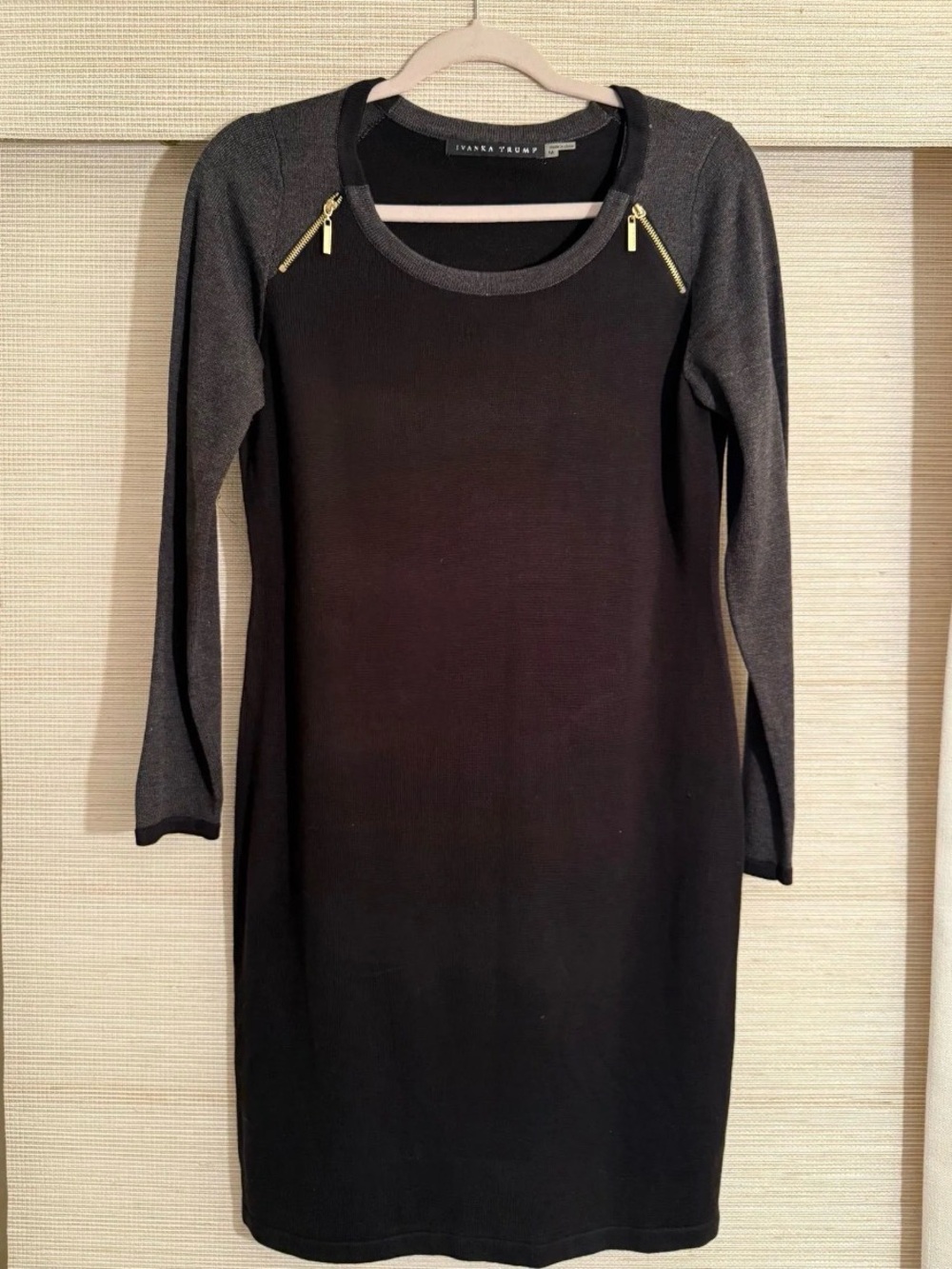 Ivanka Trump Black Dress with Charcoal Sleeves and Gold Zippers size M